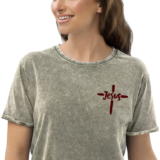 T-shirt chrétien DENIM brodé - Jésus (F)