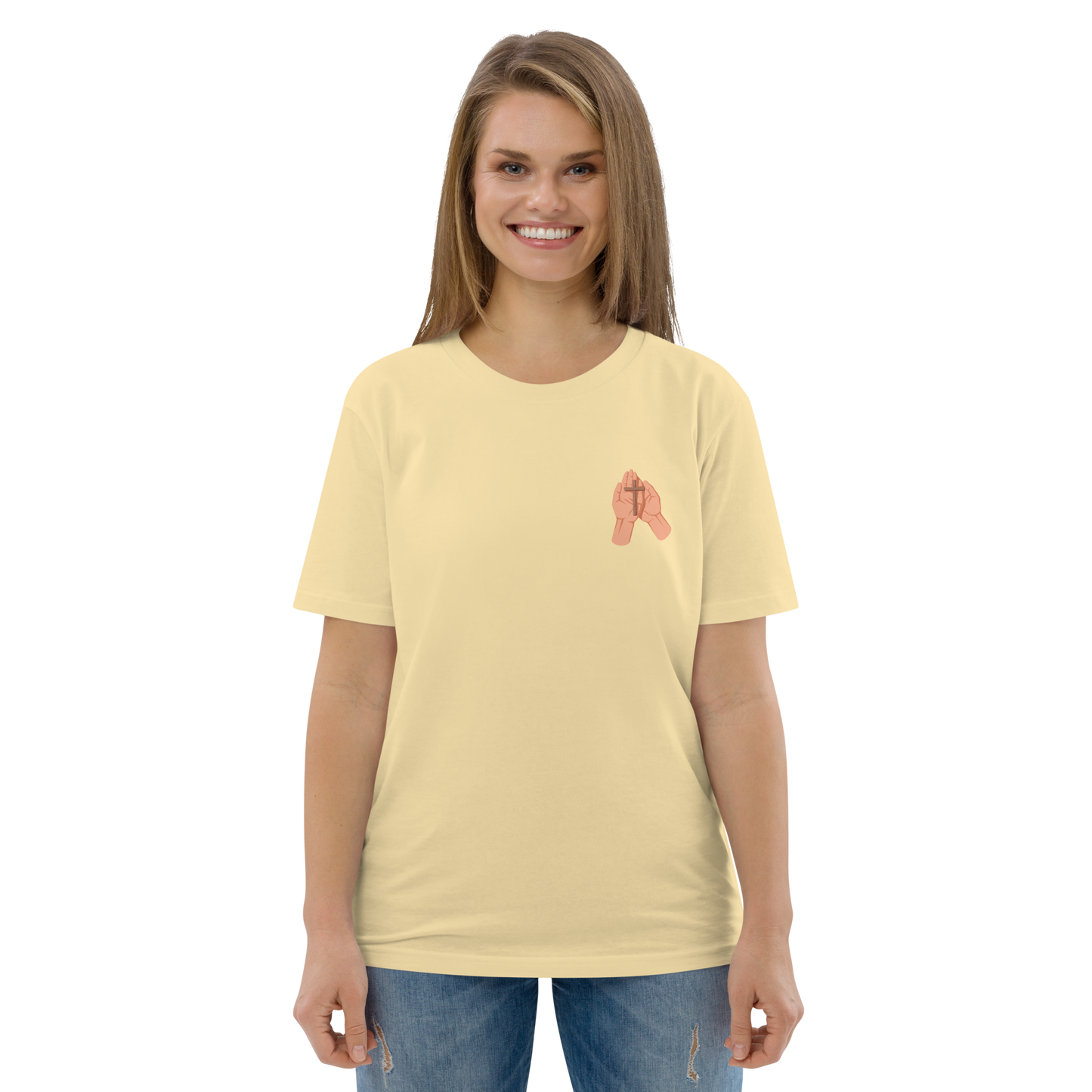 T-shirt chrétien imprimé en coton bio - Cross in hand (F)