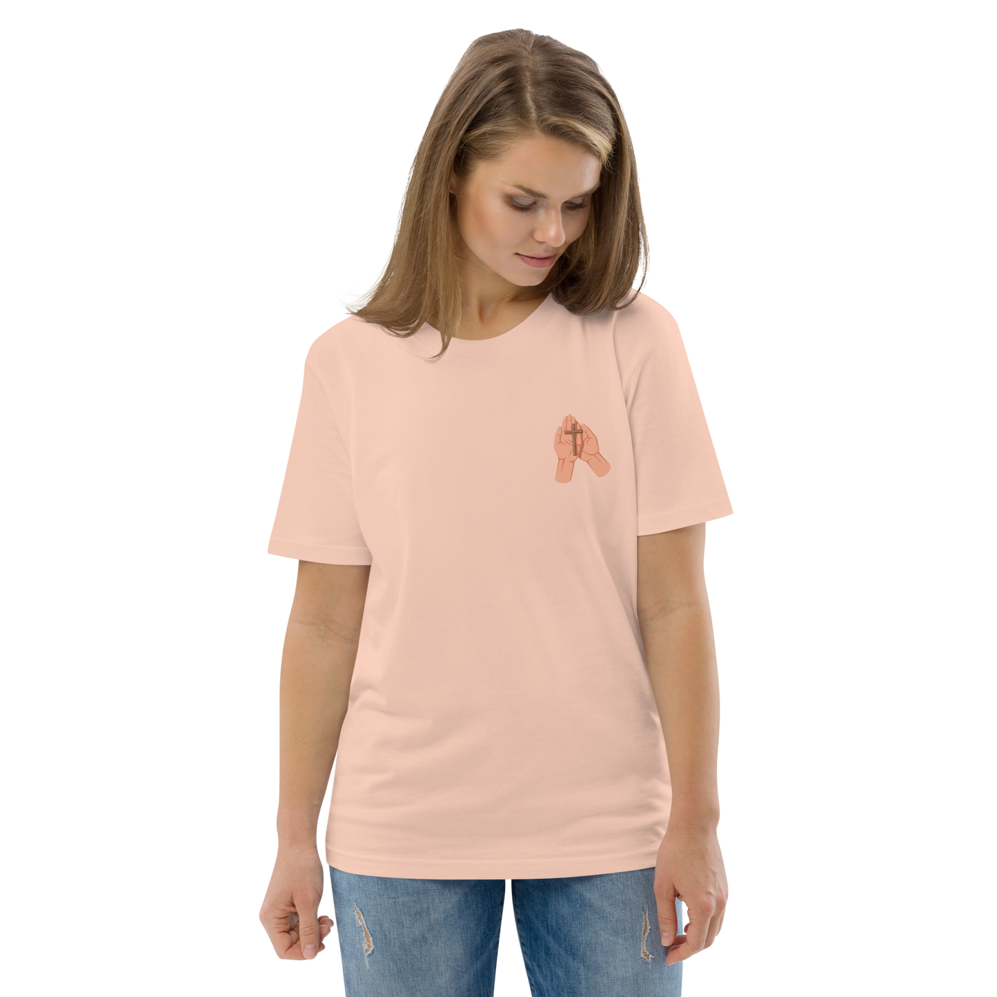T-shirt chrétien imprimé en coton bio - Cross in hand (F)