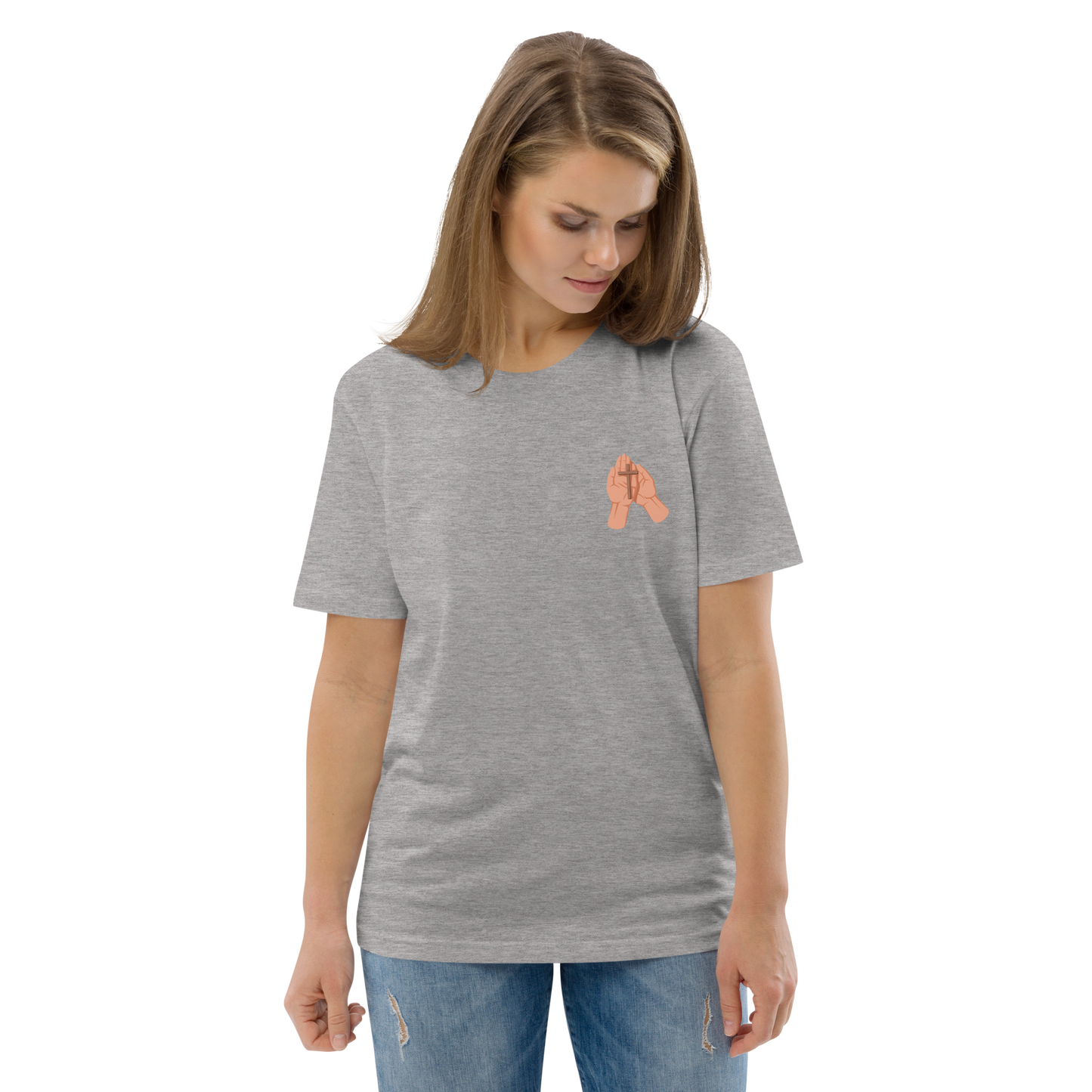 T-shirt chrétien imprimé en coton bio - Cross in hand (F)