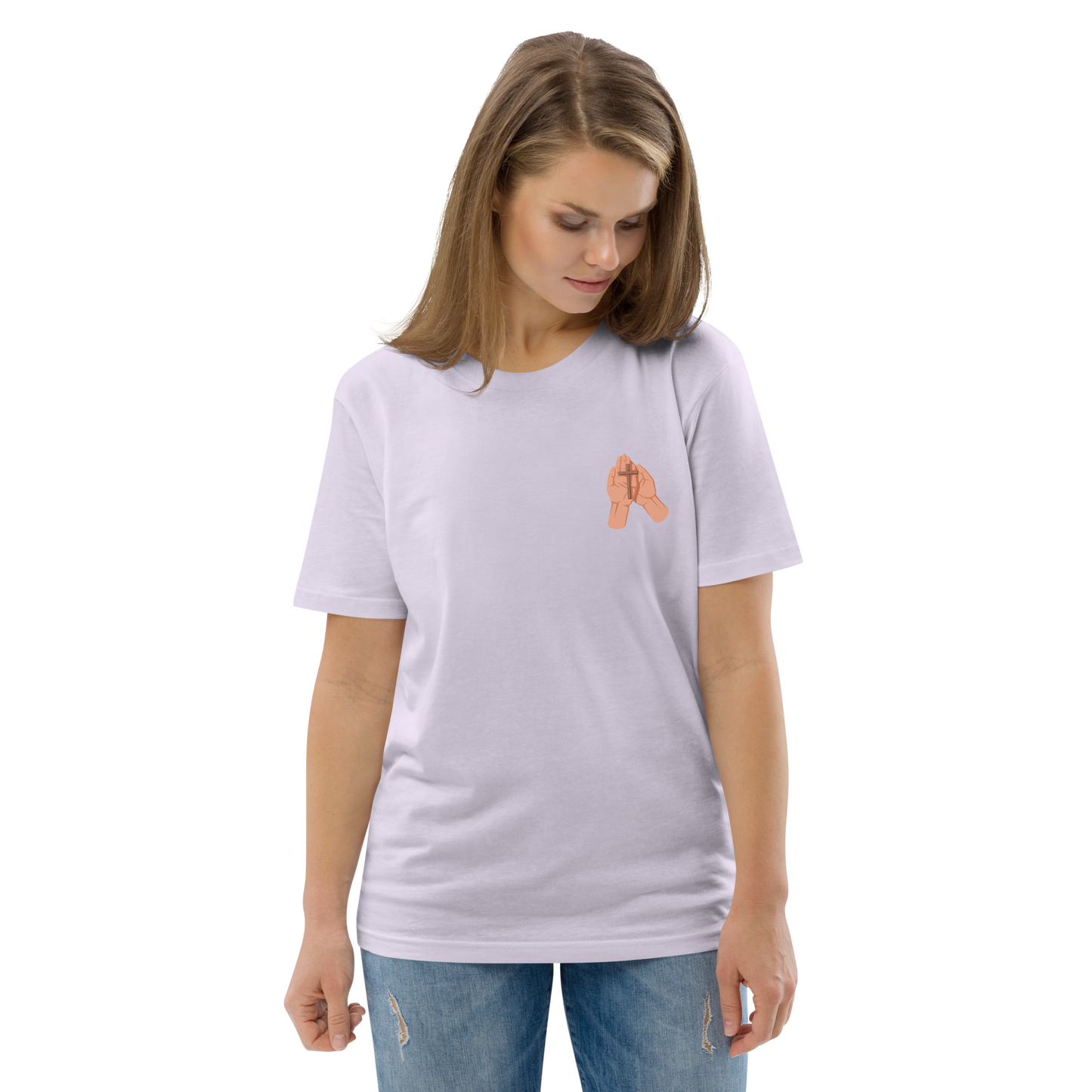 T-shirt chrétien imprimé en coton bio - Cross in hand (F)