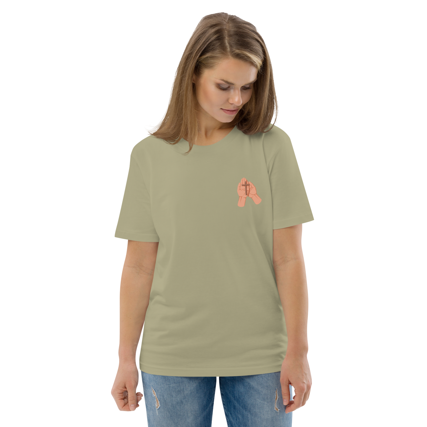 T-shirt chrétien imprimé en coton bio - Cross in hand (F)