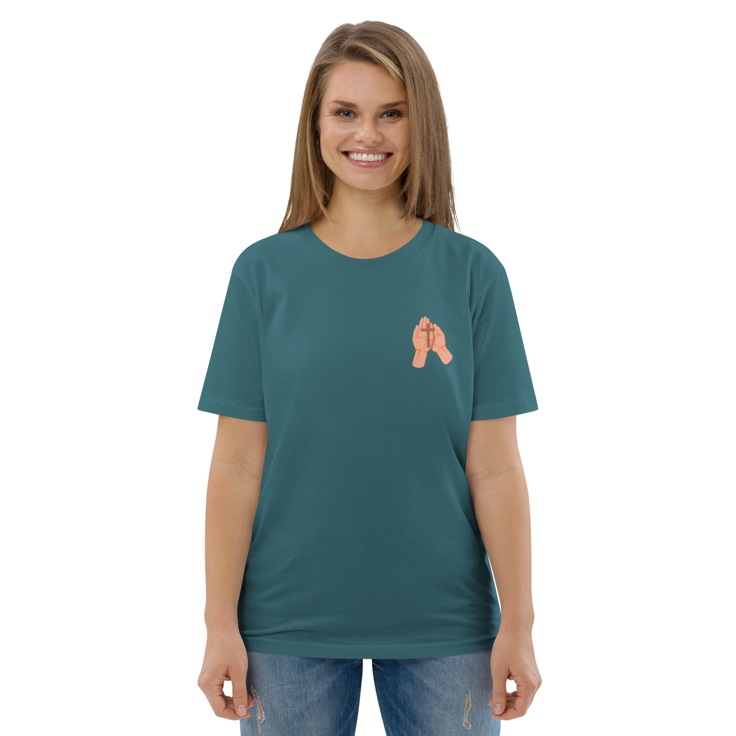 T-shirt chrétien imprimé en coton bio - Cross in hand (F)