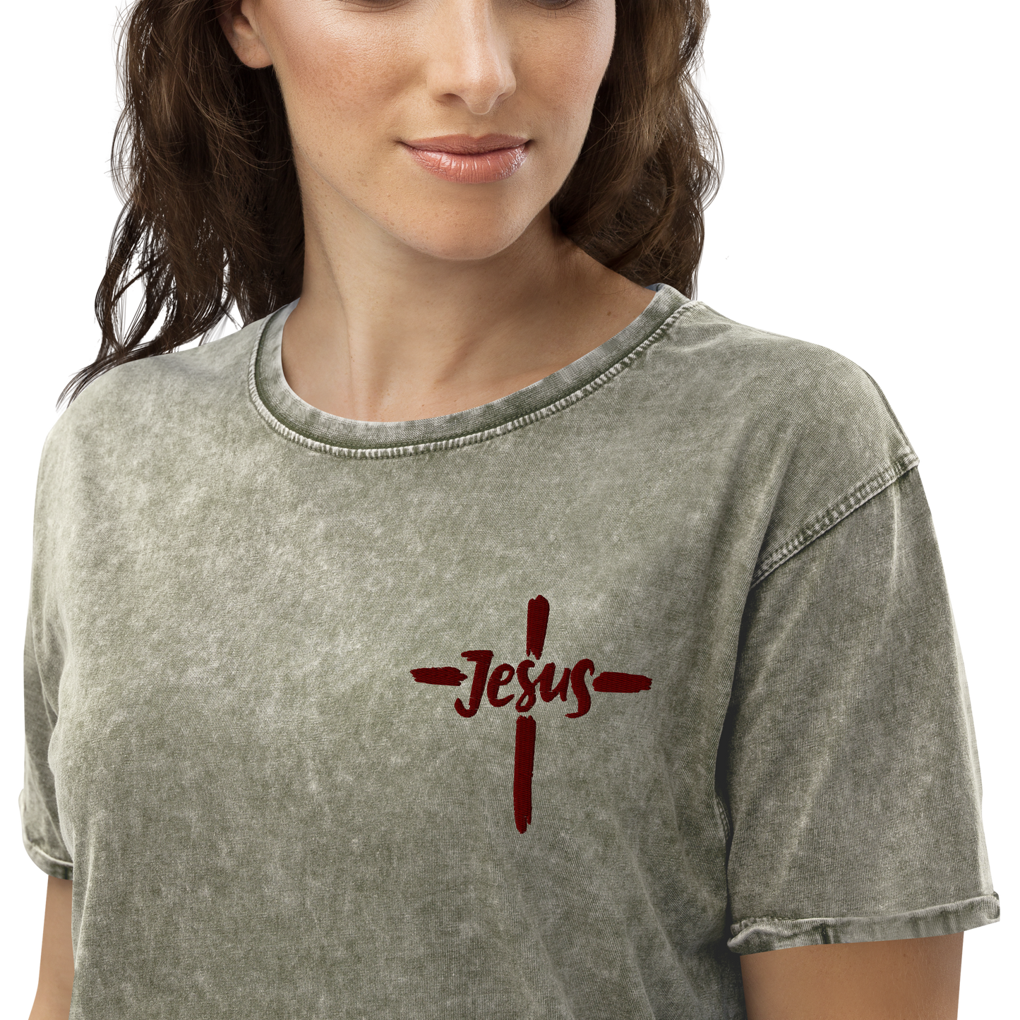 T-shirt chrétien DENIM brodé - Jésus (F)