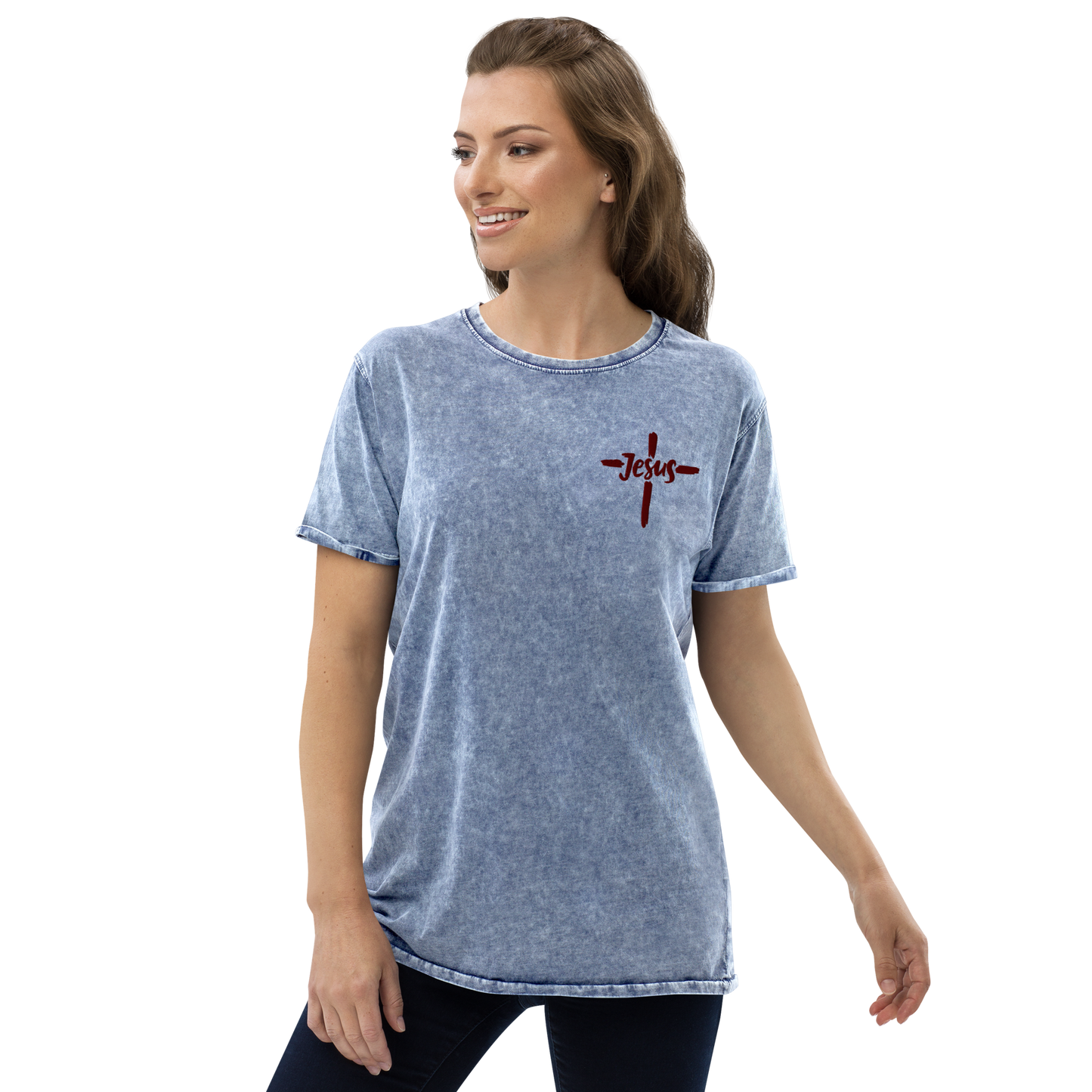 T-shirt chrétien DENIM brodé - Jésus (F)