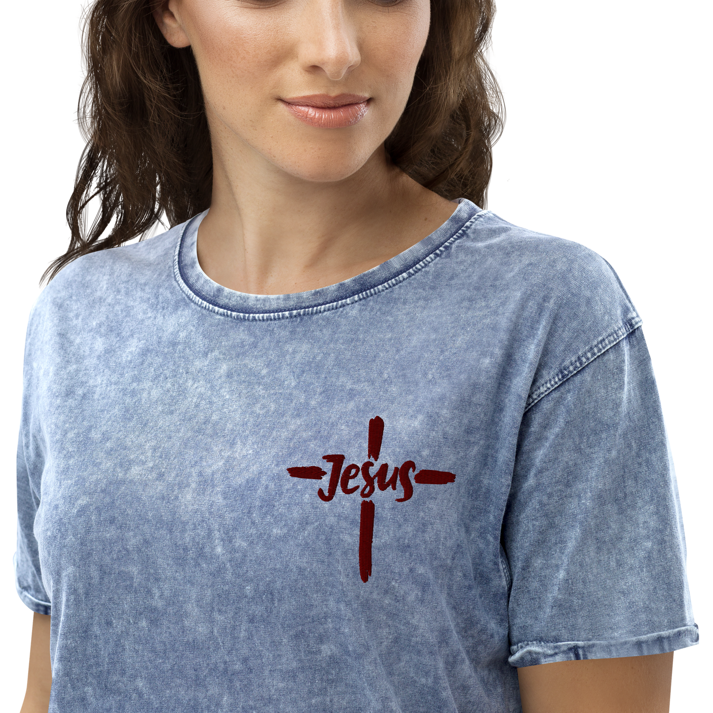 T-shirt chrétien DENIM brodé - Jésus (F)