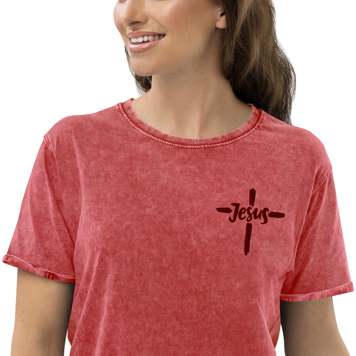 T-shirt chrétien DENIM brodé - Jésus (F)